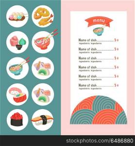 Japanese cuisine. A set of templates of the menu of a Japanese r. Japanese cuisine. Set of vector icons of traditional Japanese dishes. The template menu. Sushi, rolls, sweets, soups, tempura.