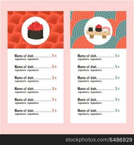 Japanese cuisine. A set of templates of the menu of a Japanese r. Japanese cuisine. Templates menus Japanese restaurant. The rolls and sushi on the background of traditional pattern. Vector illustration.