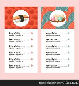 Japanese cuisine. A set of templates of the menu of a Japanese r. Japanese cuisine. A set of templates of the menu of a Japanese restaurant. Sushi, unagi, Dango. traditional Japanese dish. Vector illustration.