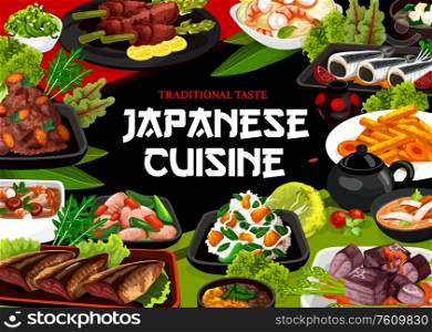 Japanese cuisine, authentic restaurant vector food menu. Japanese traditional vinegar potatoes, pork in large chinks and fried iwashi fish, boiled potato babat with dike and carrots in miso broth. Japanese cuisine traditional dishes, food menu