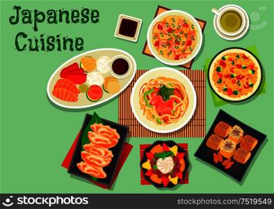 Japanese cuisine dinner dishes icon with sashimi platter, seafood rice, smoked eel egg roll, fry rice, vegetable pork udon noodles, nut rolls, jelly dessert with fruit. Japanese cuisine dishes icon for menu design