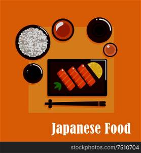 Japanese cuisine dinner menu icons with salmon sashimi, served by lemon and wasabi pasta, wide bowl with rice, dipping sauces, ceramic sake set and chopsticks on a rest. Japanese cuisine with sashimi, sake and rice