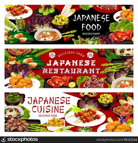 Japanese cuisine dishes vector banners. Asian restaurant roasted bamboo meal, hokusai salad and baked fish on skewers meal. Butaziru pork soup and Japanese noodles with shiitake mushrooms. Japanese cuisine dishes vector banners