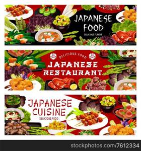 Japanese cuisine dishes vector banners. Asian restaurant roasted bamboo meal, hokusai salad and baked fish on skewers meal. Butaziru pork soup and Japanese noodles with shiitake mushrooms. Japanese cuisine dishes vector banners