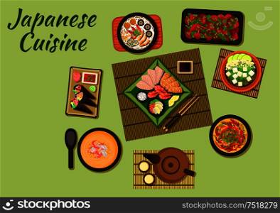 Japanese cuisine dishes with temaki sushi and sashimi served with various of sauces, udon noodle soup with seafood, nabe stew with smoked eel, chicken cream soup, tofu suimono soup, chicken liver and tea set. Flat style. Japanese cuisine with sushi and soups