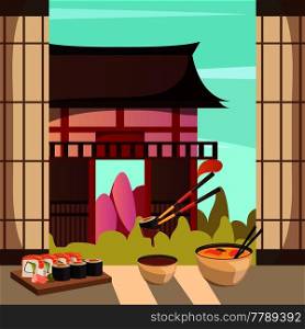 Japanese cuisine dishes with traditional historic building on background orthogonal composition with soy sauce sushi vector illustration . Japan Food Architecture orthogonal Composition 