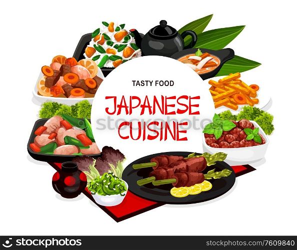 Japanese cuisine food and authentic dishes, vector restaurant menu cover. Japanese traditional chicken meat tory sasami, vinegar potatoes and minced cutlets, lightly fried iridori chicken and tempura. Japanese cuisine traditional authentic dishes