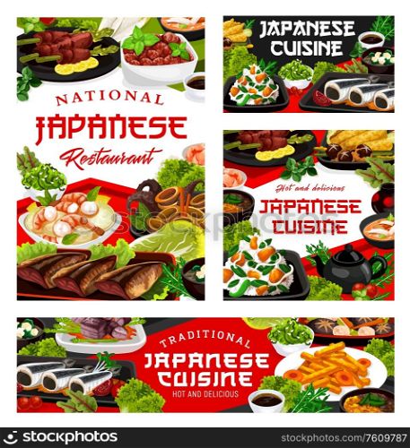 Japanese cuisine food dishes, Japan authentic traditional meals and restaurant menu, vector. Japanese cuisine seafood tempura, vinegar potatoes and miso fried pork, minced cutlets and squid rings. Japanese cuisine, Japan national food dishes