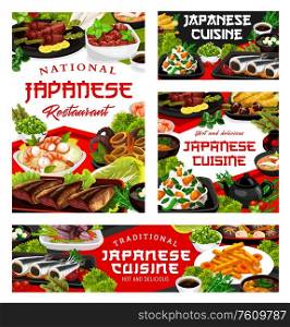 Japanese cuisine food dishes, Japan authentic traditional meals and restaurant menu, vector. Japanese cuisine seafood tempura, vinegar potatoes and miso fried pork, minced cutlets and squid rings. Japanese cuisine, Japan national food dishes