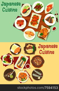 Japanese cuisine food. Fish and meat vector dishes with vegetables, curry, ginger, soy and miso sauce. Beef stew with noodles, tofu and eggs, baked tuna, salmon and marlin with herbs and pepper. Japanese cuisine fish, meat and veggies