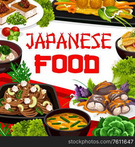 Japanese cuisine food. Japanese otsu salad, kakitama egg jira soup, Japanese mackerel fish and white noodles soup with vegetables mix gomoku somen. Japan restaurant vector menu traditional meals. Japanese food traditional Japan restaurant cuisine