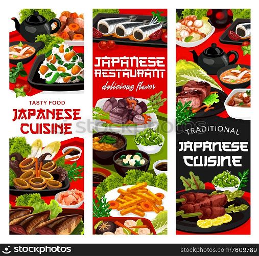Japanese cuisine food, traditional dishes and national dinner and lunch meals. Japanese restaurant authentic food menu of miso pork, iwashi fish stew with pickled plumps, boiled shrimps and tempura. Japanese cuisine traditional food, national dishes