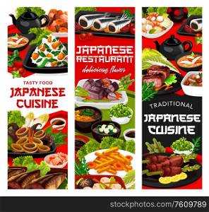 Japanese cuisine food, traditional dishes and national dinner and lunch meals. Japanese restaurant authentic food menu of miso pork, iwashi fish stew with pickled plumps, boiled shrimps and tempura. Japanese cuisine traditional food, national dishes
