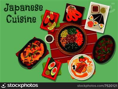 Japanese cuisine icon with gunkan and temaki sushi with avocado, shrimp and caviar, chilli prawn, fried perch, vegetable beef stew with mushrooms, spicy chicken liver, warm chicken salad with shiitake. Japanese cuisine spicy dinner dishes icon