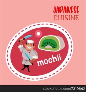 Japanese cuisine. Japanese desserts and sweets. Japanese chef with a large cooking knife. Vector illustration in cartoon style.