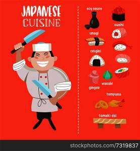 Japanese cuisine. Japanese desserts and sweets, tempura, sushi, rolls, onigiri. Japanese chef with a large cooking knife. Vector illustration in cartoon style.