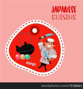 Japanese cuisine. Japanese desserts, sweets and tea. Japanese chef with a large cooking knife. Vector illustration in cartoon style.