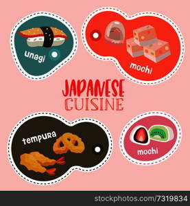 Japanese cuisine. Japanese desserts, sweets, tempura, sushi. Vector illustration in cartoon style.