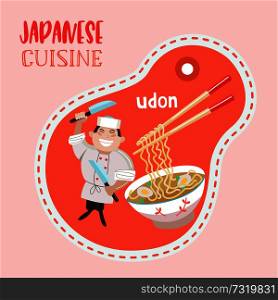 Japanese cuisine. Japanese soups. Egg noodles. Japanese chef with a large cooking knife. Vector illustration in cartoon style.