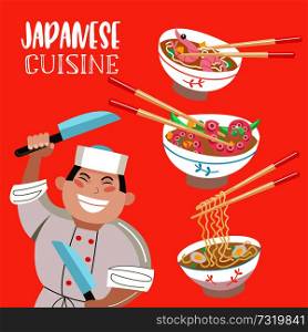 Japanese cuisine. Japanese soups. Noodles, seafood, shrimp, octopus. Japanese chef with a large cooking knife. Vector illustration in cartoon style.