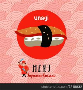 Japanese cuisine. Japanese sushi. Japanese chef with a large cooking knife. Vector illustration in cartoon style.