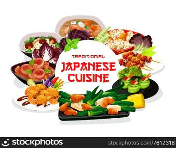 Japanese cuisine meals round vector frame of ood meals and dishes. Cucumber rolls with caviar, filipino shellfish salad, Japanese mushroom noodles and butaziru pork soup, baked fish on skewers. Japanese cuisine round vector frame