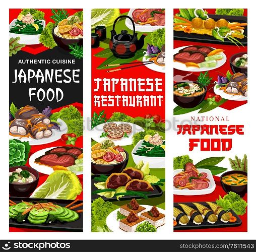 Japanese cuisine meals vector banners. Traditional dishes, restaurant menu. Japanese sushi nigiri, seafood shrimp balls, noodles soup with vegetable mix gomoku somen, meat and tofu steak. Japanese traditional cuisine, Asian authentic food