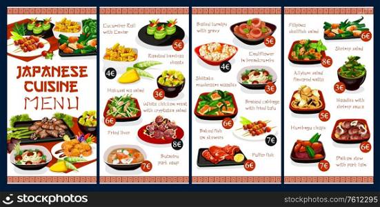 Japanese cuisine menu cover vector template. Restaurant cuisine shrimp salad, chicken meat and baked fish on skewers. Braised cabbage with fried tofu and daikon stew with pork loin asian dishes. Japanese cuisine restaurant menu cover