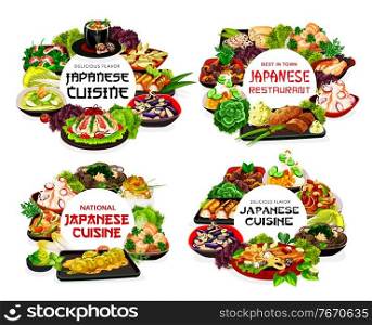 Japanese cuisine menu, food dishes and Japan meals, vector traditional Asian restaurant. Japanese cuisine udon noodles, rice and seafood, chicken and pork chops, eel fish, soups and vegetable salads. Japanese cuisine menu, food dishes and Japan meals