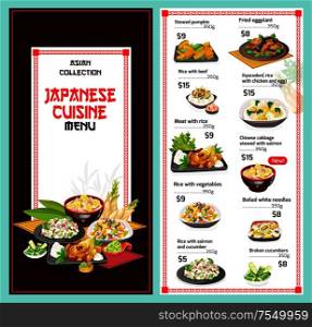 Japanese cuisine menu, Japan restaurant traditional food dishes. Vector price menu for stewed pumpkin, fried eggplant and rice with beef, oyacodon chicken and Chinese cabbage with salmon and noodles. Japanese restaurant menu Japan traditional cuisine