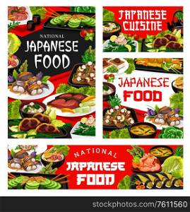 Japanese cuisine pickled ginger with otsu salad, tofu soup, wakame udon noodles, seafood shrimp balls, horenzo no ochitasi. Japanese national restaurant menu vector covers and banners. Japanese cuisine dishes, seafood, noodles and meat