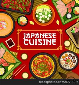 Japanese cuisine restaurant menu cover, vector nabe soup with smoked eel, chicken cream stew, sauteed liver with chives. Temaki sushi, miso soup with tofu and greens, fish and seafood sashimi food. Japanese cuisine restaurant menu cover, Japan food