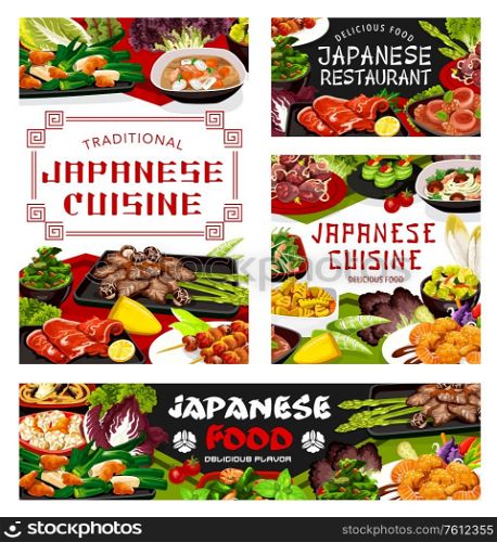 Japanese cuisine restaurant menu meals cover, vector. Restaurant cuisine shrimp salad, chicken meat and baked fish on skewers. Braised cabbage with fried tofu and daikon stew with pork loin. Japanese cuisine restaurant meals, vector