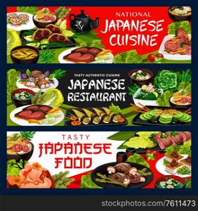Japanese cuisine restaurant menu, traditional Japan meal dishes. Japanese tofu soup and wakame udon noodles, seafood shrimp balls, horenzo no ochitasi and pickled ginger with otsu salad. Japanese food Japan cuisine restaurant menu dishes