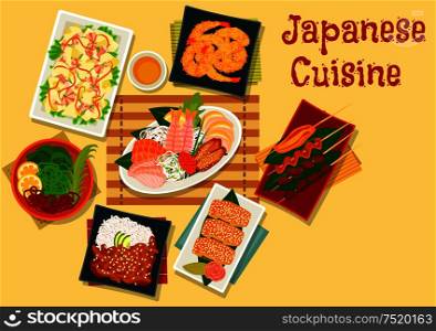 Japanese cuisine sashimi platter icon served with tempura shrimps, grilled chicken skewers, seaweed salad kaiso, seafood salad, teriyaki pork with rice and omelette roll stuffed eel. Japanese cuisine lunch icon for menu design