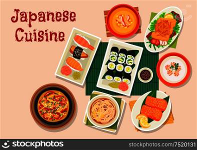 Japanese cuisine seafood dinner icon with roll and nigiri sushi, salmon salad with teriyaki sauce, shrimp cream soup, corn cream soup with crab, noodle beef soup, grilled salmon and smoked eel nabe. Japanese cuisine icon for seafood menu design