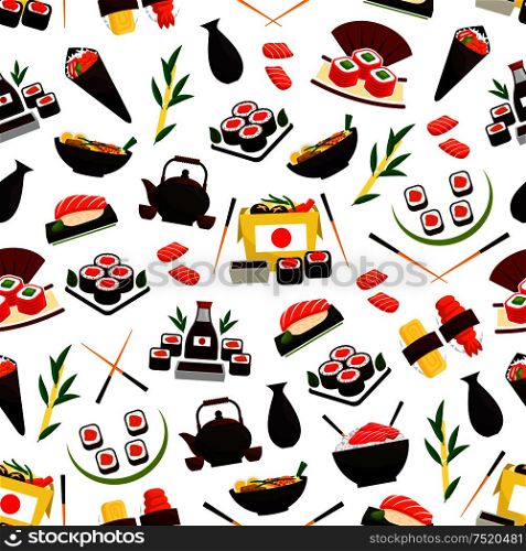Japanese cuisine seafood pattern. Vector seamless pattern of sushi rolls, salmon fish sashimi, steamed sticky rice, red caviar, ginger, soy sauce. Oriental kitchen decoration design in Japan flag style. Japanese cuisine seafood, sushi seamless pattern