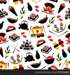 Japanese cuisine seafood pattern. Vector seamless pattern of sushi rolls, salmon fish sashimi, steamed sticky rice, red caviar, ginger, soy sauce. Oriental kitchen decoration design in Japan flag style. Japanese cuisine seafood, sushi seamless pattern