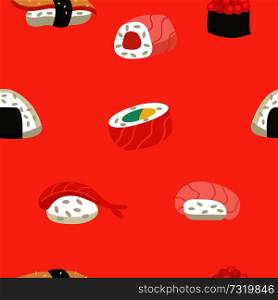 Japanese cuisine. Seamless pattern. Japanese sushi rolls. Vector illustration in cartoon style.