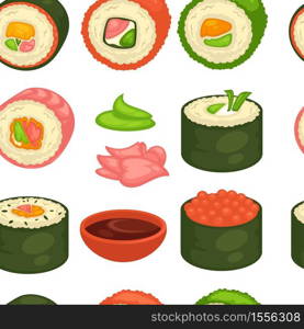 Japanese cuisine sushi seamless pattern ginger and wasabi vector shrimp and caviar soy sauce and tofu cheese endless texture cooking and culinary, Japan dish wallpaper print rice meal raw fish. Sushi Japanese cuisine seamless pattern ginger and wasabi