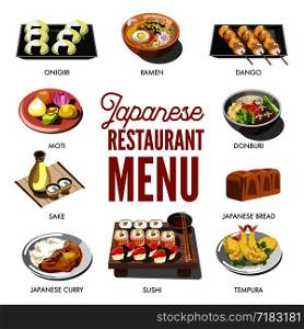 Japanese cuisine traditional dishes of ramen and udon donburi noodles, onigiri seafood tempura sushi rolls, miso soup and sake vodka drink. Traditional Japan restaurant menu vector icons. Japanese cuisine traditional dishes set