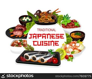 Japanese cuisine traditional food dishes, Japan restaurant menu. Japanese authentic meals meat entree with egg in bowl, fried iwashi fish and boiled shrimps with turnip, miso pork and minced cutlets. Japanese cuisine national food dishes and meals