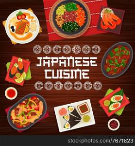 Japanese cuisine vector chicken liver with chilli, gunkun sushi with caviar, vegetable beef stew. Chicken shiitake salad, fried perch with soy sauce and spicy shrimps, prawn avocado temaki Japan food. Japanese cuisine cartoon vector poster, Japan food