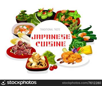 Japanese cuisine vector food meals and dishes. Cucumber rolls with caviar, filipino shellfish and salad, Japanese seafood noodles with shrimps, liver and butaziru pork soup round frame. Japanese cuisine menu vector poster
