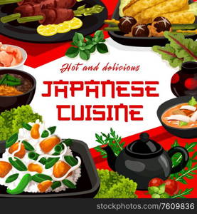 Japanese cuisine vector menu cover, Japan authentic restaurant food dishes. Japanese traditional sweet chestnut with sarimen potato and rice, beef wrapped on asparagus and meat entree with egg. Japanese cuisine menu, seafood and meat dishes