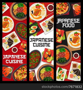 Japanese cuisine vector spicy shrimps, prawn avocado temaki and gunkun sushi with caviar. Vegetable beef stew, chicken shiitake salad, chicken liver with chilli, fried perch with soy sauce Japan food. Japanese cuisine vector banners, food of Japan