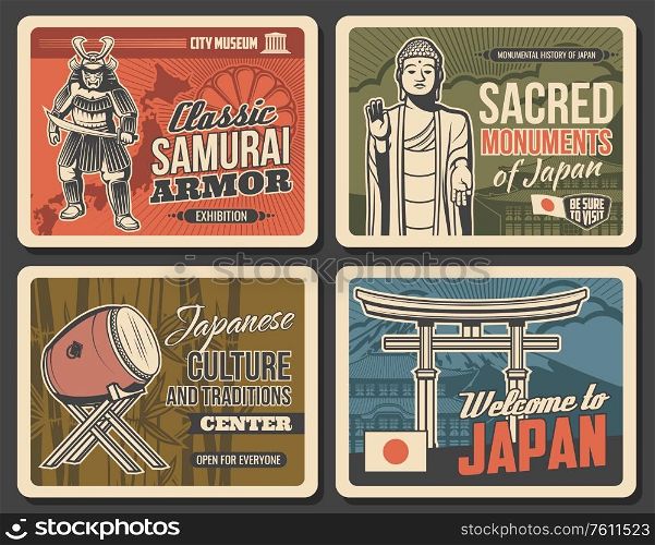 Japanese culture and traditions, Japan travel landmarks, vector vintage posters. Samurai armor and museum, Japanese music instruments exhibitions museum, Buddhism monuments and pagodas. Welcome to Japan, Japanese culture and traditions