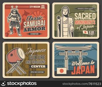 Japanese culture and traditions, Japan travel landmarks, vector vintage posters. Samurai armor and museum, Japanese music instruments exhibitions museum, Buddhism monuments and pagodas. Welcome to Japan, Japanese culture and traditions