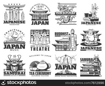 Japanese culture and travel, traditions and landmark vector icons. Fuji mount, kabuki theater kimono and samurai, musical instruments and tea ceremony isolated monochrome symbols and icons. Japanese culture, tourism, travel vector icons