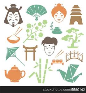 Japanese culture design elements collection of samurai geisha and traditional items isolated vector illustration
